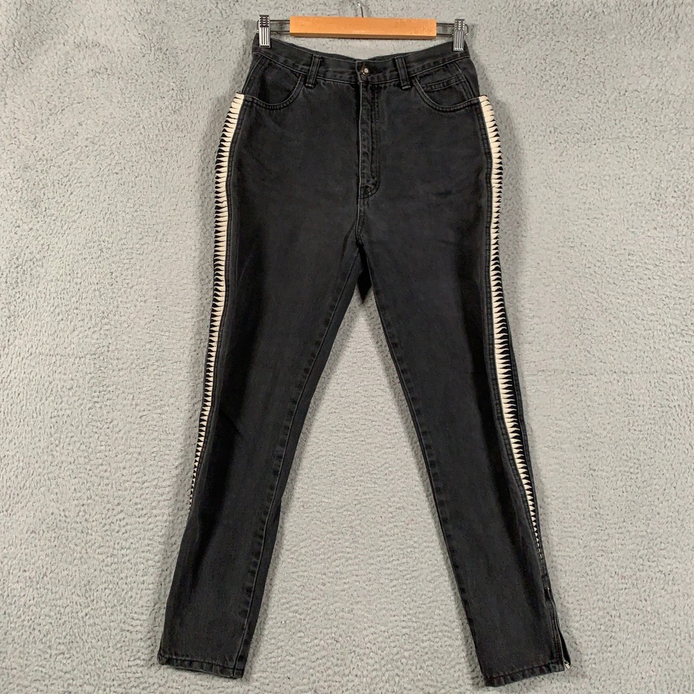Vintage 90s LA Gear Jeans Womens 9/27 Black Side Stripe Lace Tapered Ankle Zip